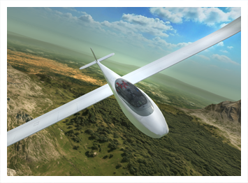 Glider flying above mountain terrain
